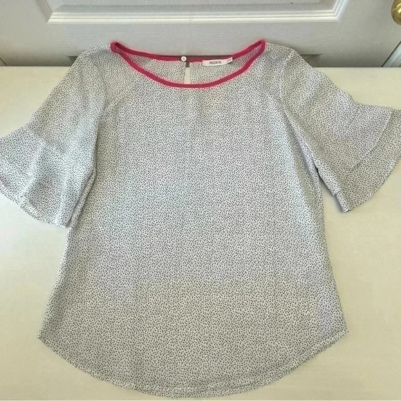 Ricki’s Blouse Short Ruffle Sleeves Sheer Flowy White Pink  Polka Dot Size Small - Picture 13 of 15